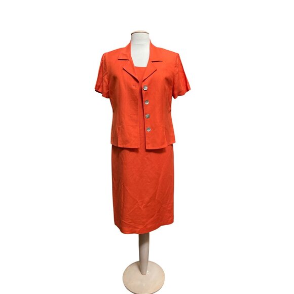 Coldwater Creek Orange 2 Piece Jacket Dress Suit Linen Blend Short Sleeve Sz 10 - Picture 1 of 9